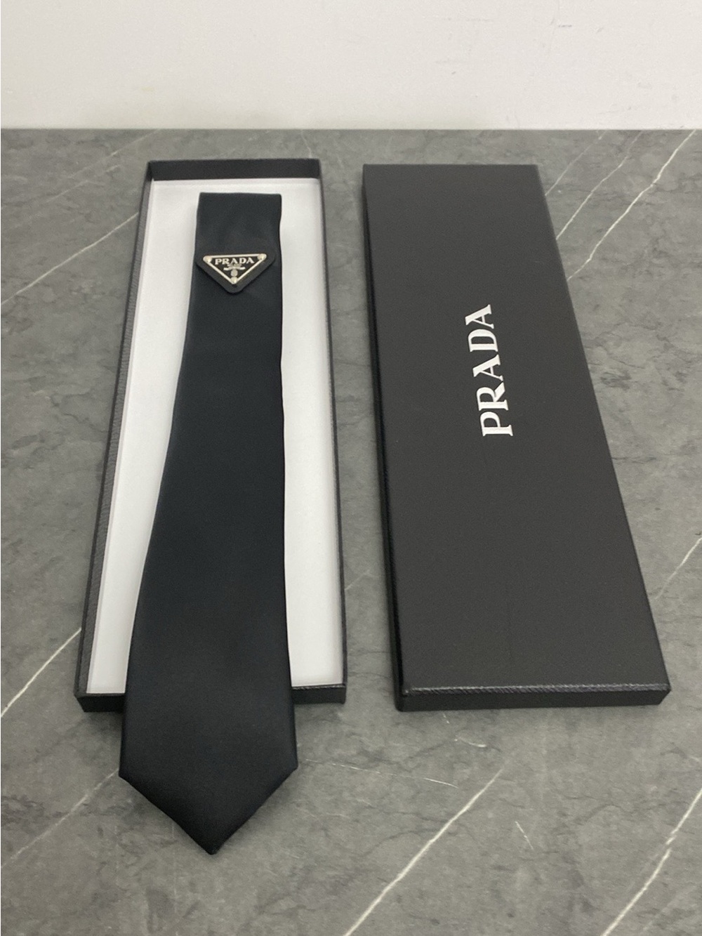 Prada Linea Rossa Black Silk Tie with Triangle Emblem